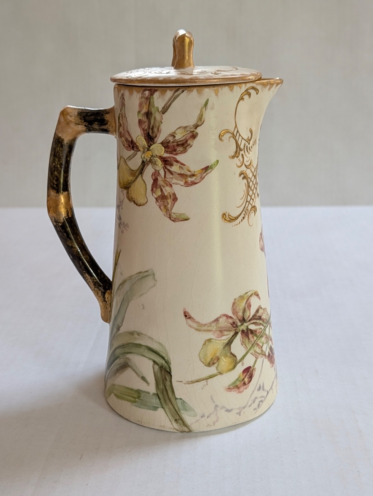 Antique Hand Painted Floral Chocolate Pot Lidded Pitcher Signed MEW circa 1900