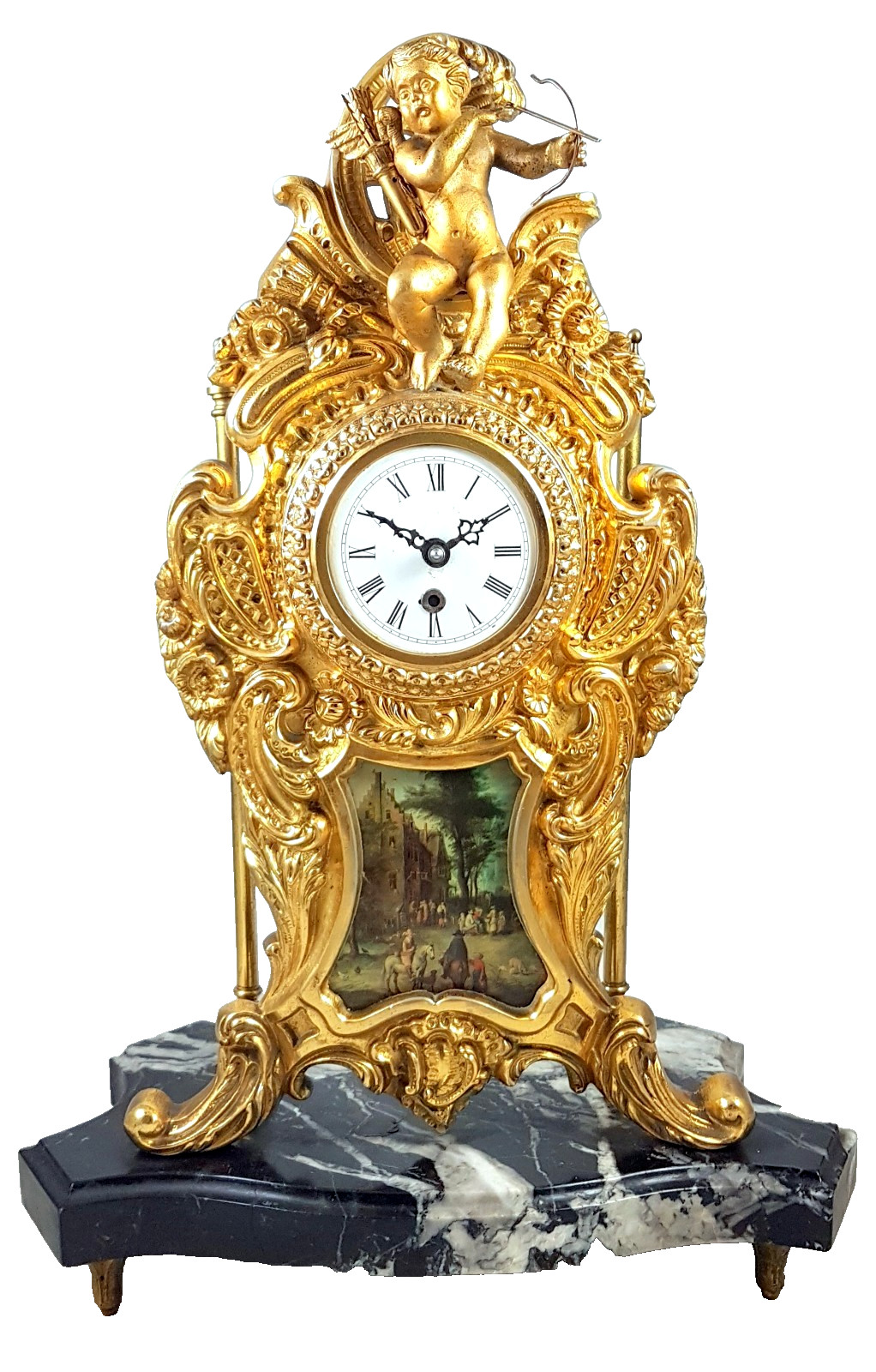 Antique mantel clock, table clock, marble, bronze, porcelain, Louis XV,