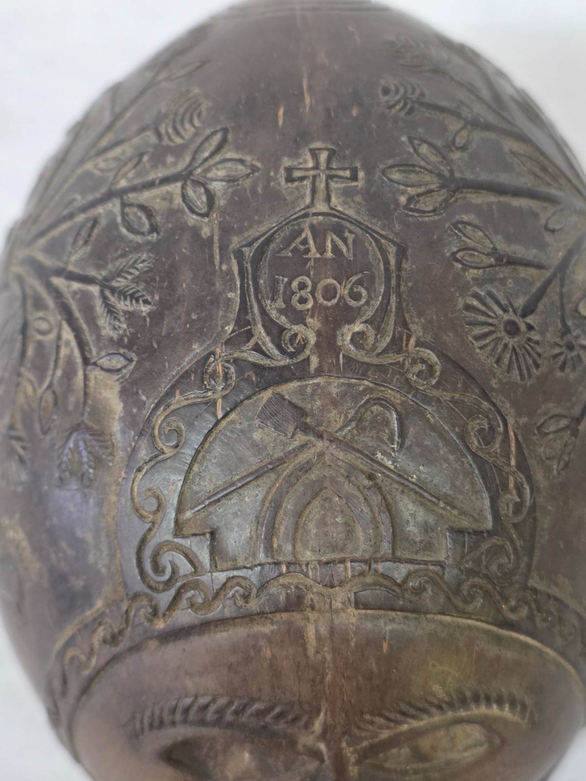 Very Nice Antique French Bugbear Carved Coconut Powder Flask Dated 1806