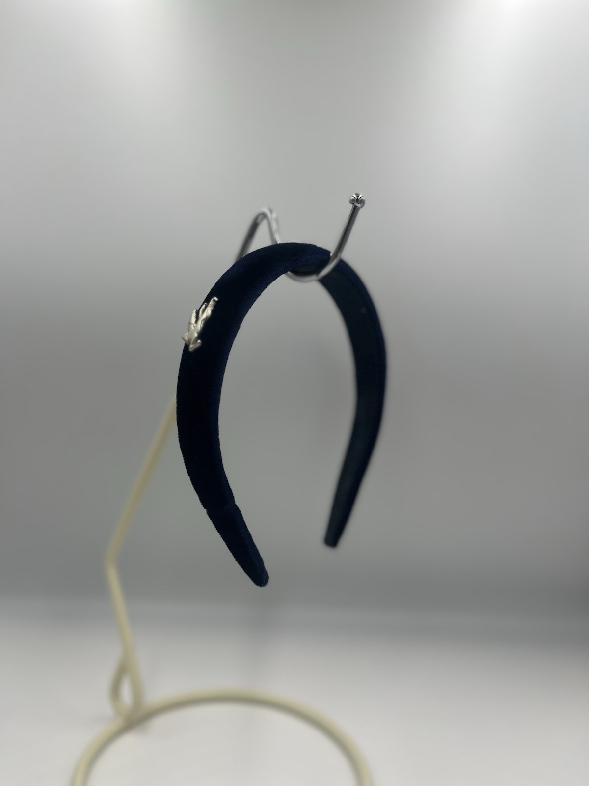 ETRO Navy Blue Velvet Headband Silver Tone Pegasus Hair Accessory