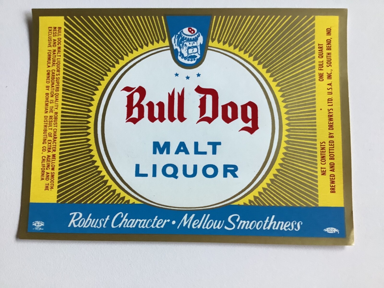 BULL DOG BEER LABEL, DREWRYS BREWING CO SOUTH BEND INDIANA VINTAGE 1970s BULLDOG BULL DOG BEER LABEL, DREWRYS BREWING CO SOUTH BEND INDIANA VINTAGE 1970s BULLDOG