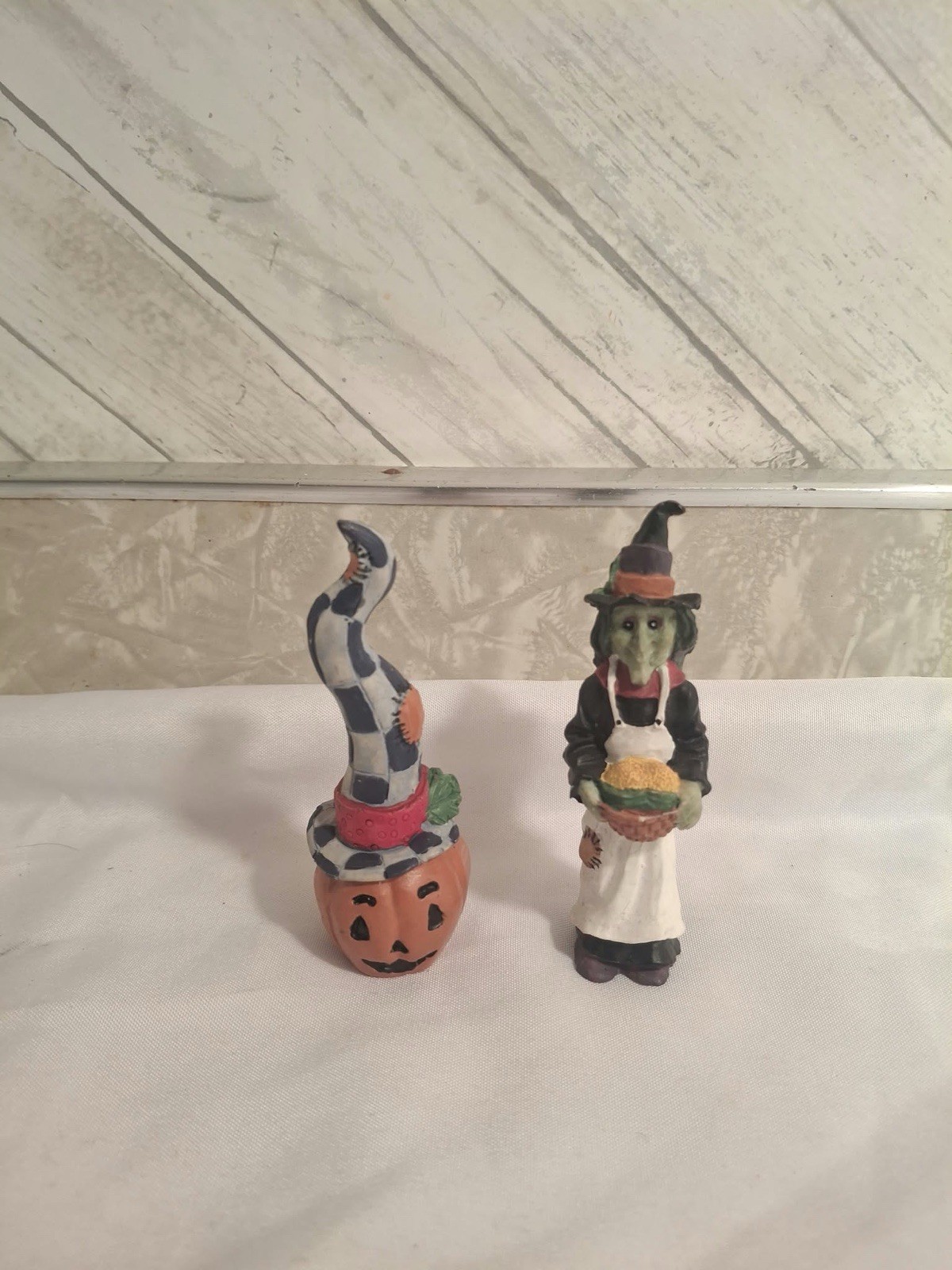 Vintage Style Halloween Figurines Witch & Pumpkin with Checkered Hat Lot of 2