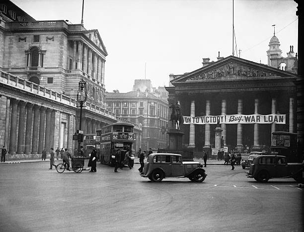 Banner adorns the portico of the Royal Exchange building opposite - Old Photo