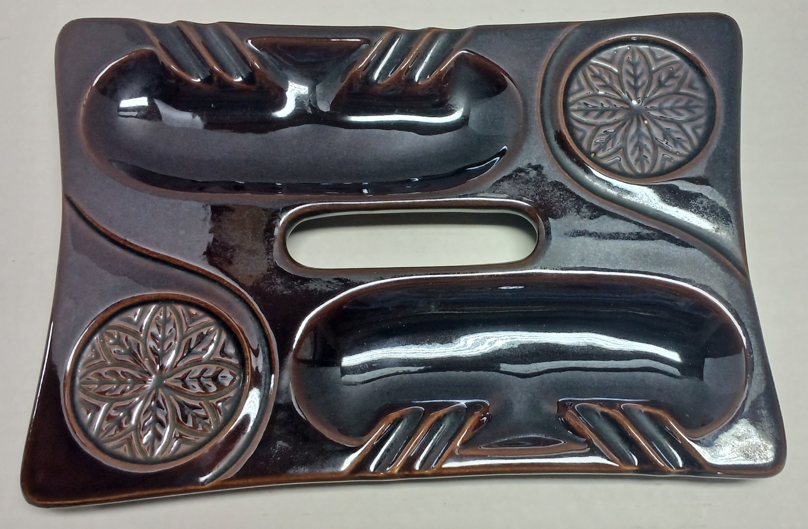 Vintage MCM “Sip & Smoke” Ashtray Brown Ceramic 2‑Drink 2‑Cigarette Tray