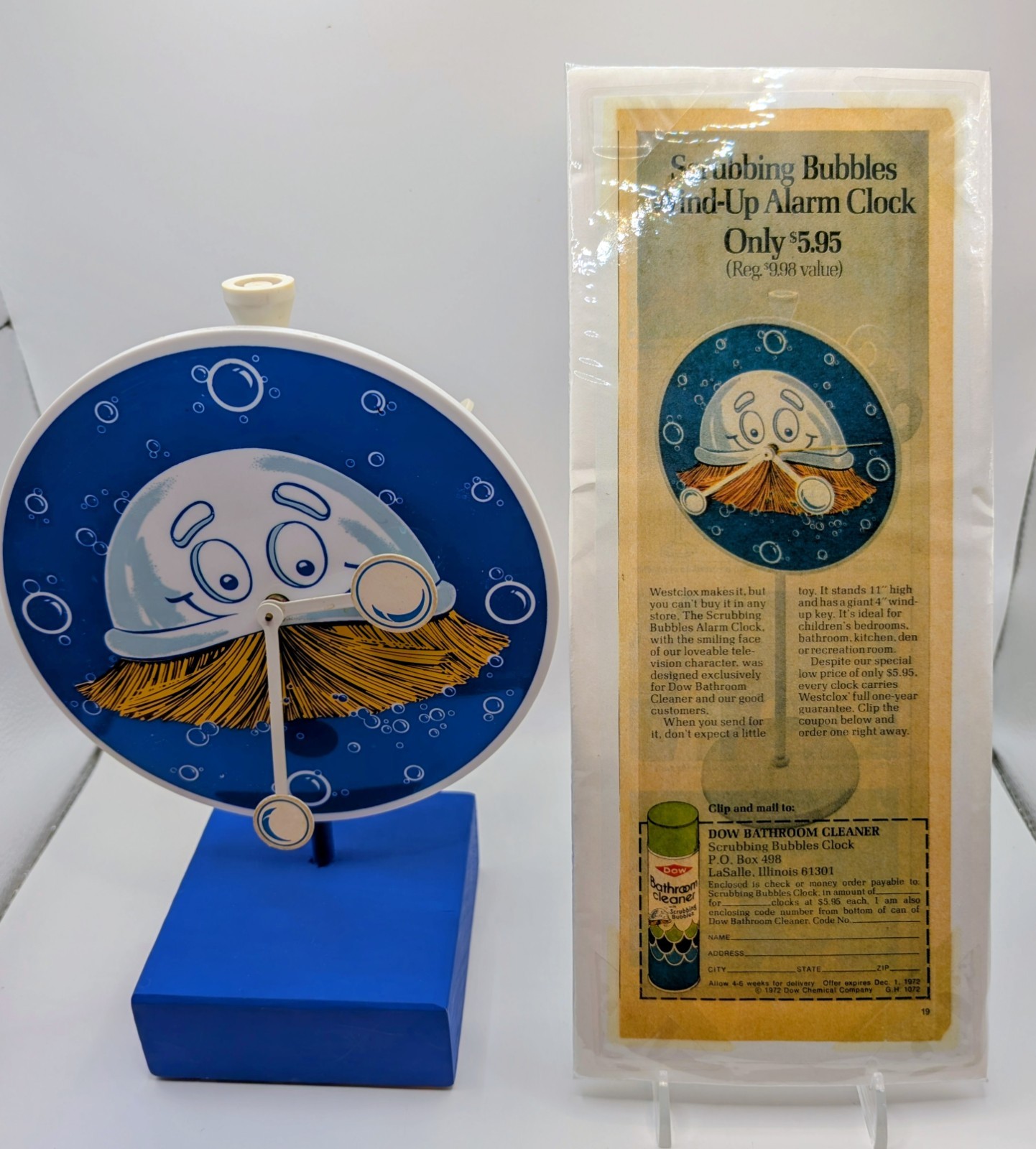 Scrubbing Bubbles Wind-up Alarm Clock Westclox Wind-Up 1972 with Paperwork