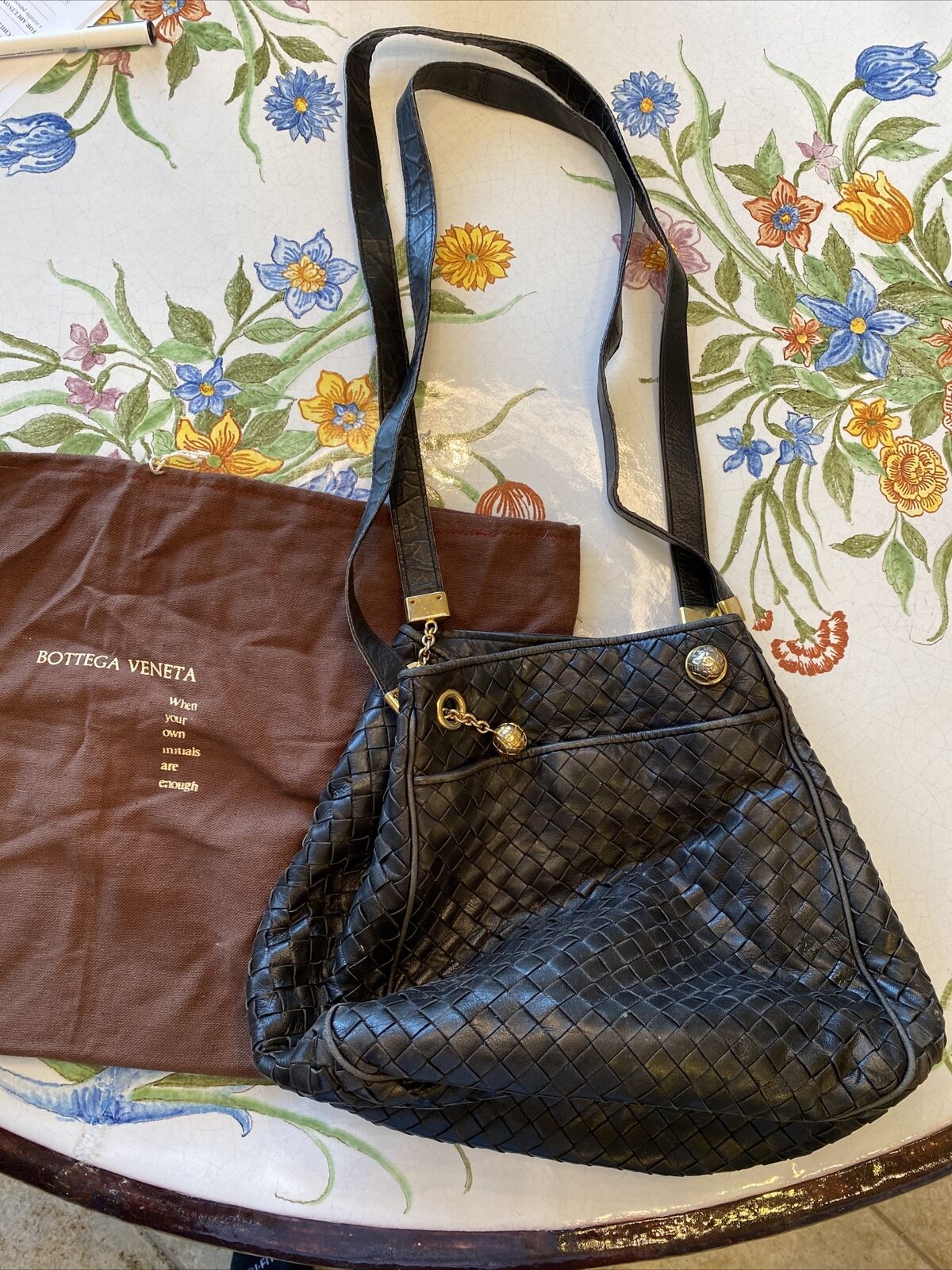 Bottega Veneta Black Leather Shoulder Bag Purse Authentic Vintage