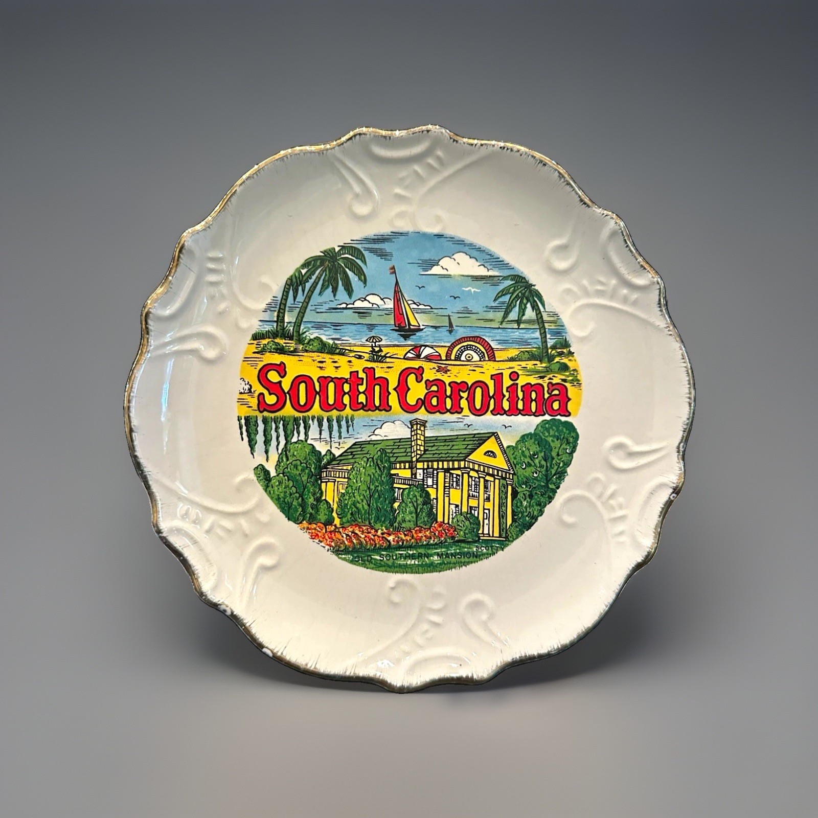 Vintage South Carolina Souvenir Collector Plate 8” Scotty Gold Scalloped Rim