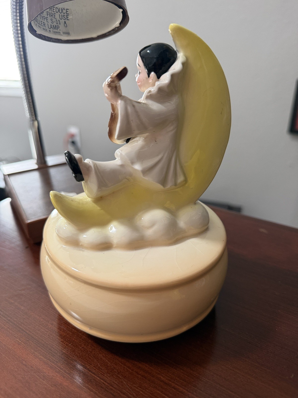 1979 Schmid Porcelain Pierrot Clown on Moon Music Box - Plays Send in the Clowns