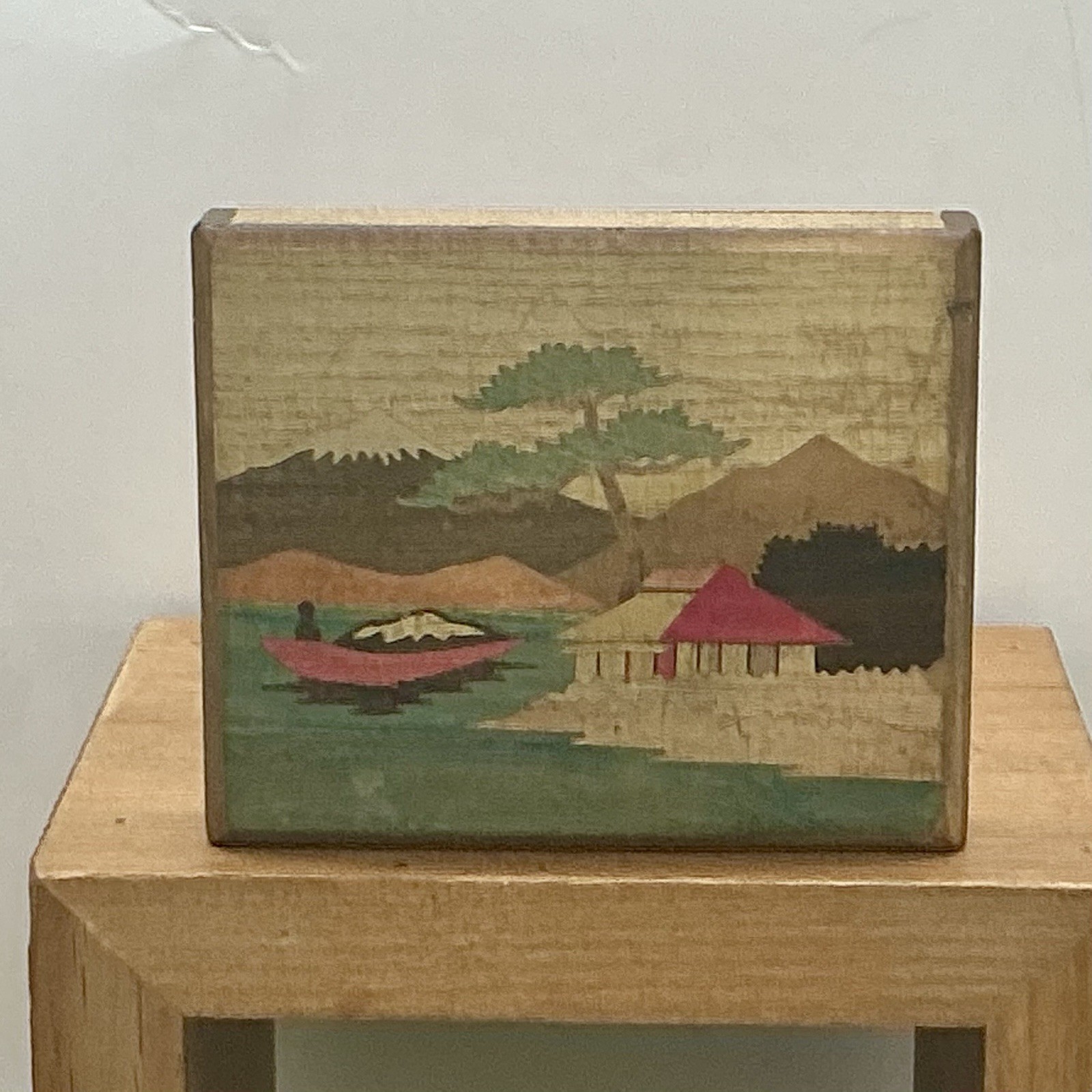 Vintage Japanese Hand Painted Wooden Storage Box w Drawer Featuring Mount Fuji