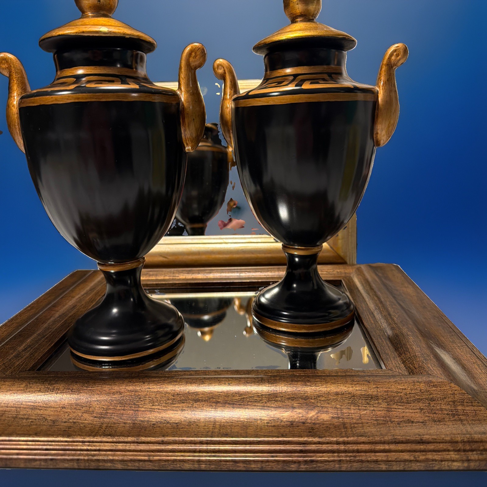 Vintage Raymond Waites Toyo Trading Co. Black Gold Lidded Urns Pair Greek Key