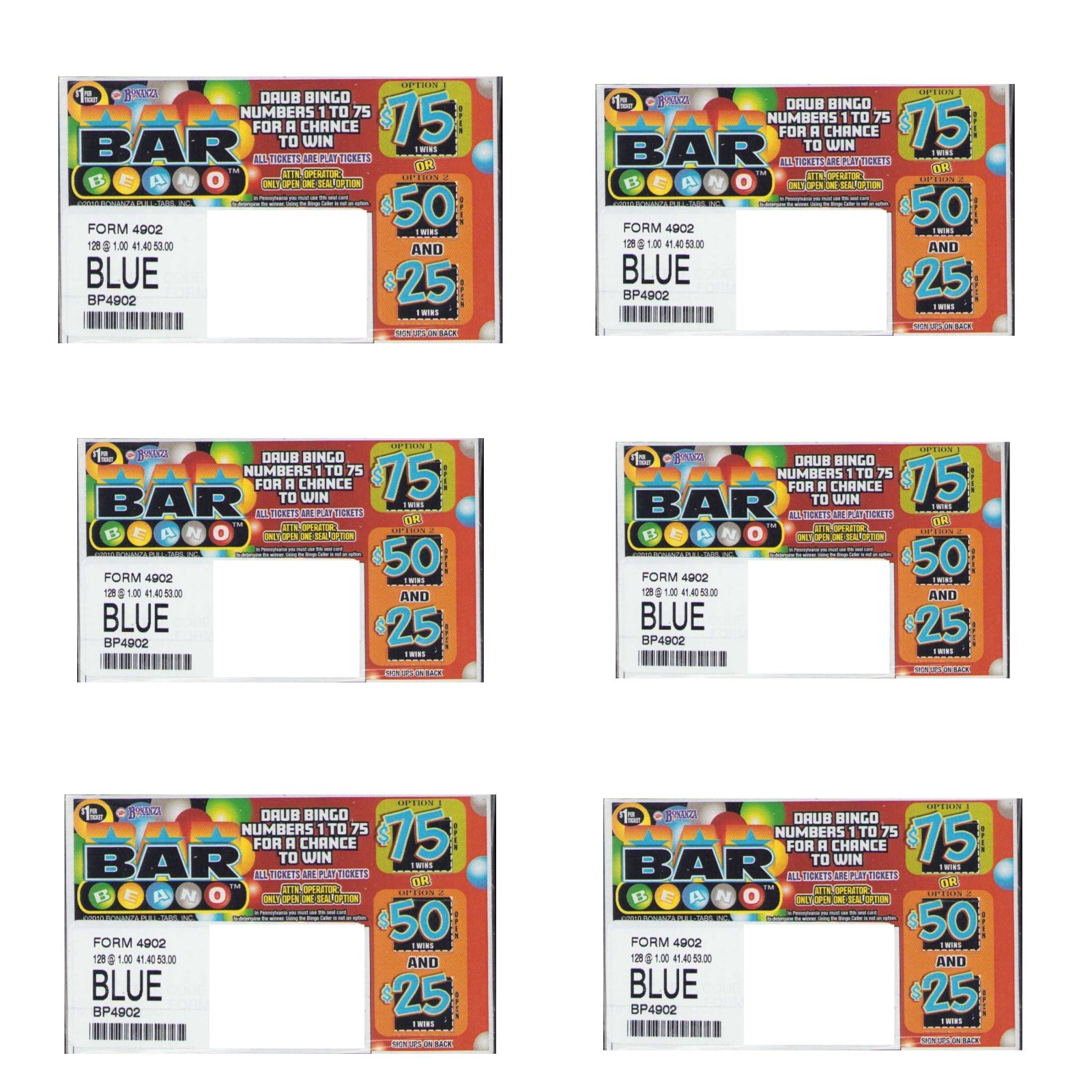 Pull Tab Ticket - Hard Card Tickets - Game - 6 Pack - Bar Beano - 128 ct ea
