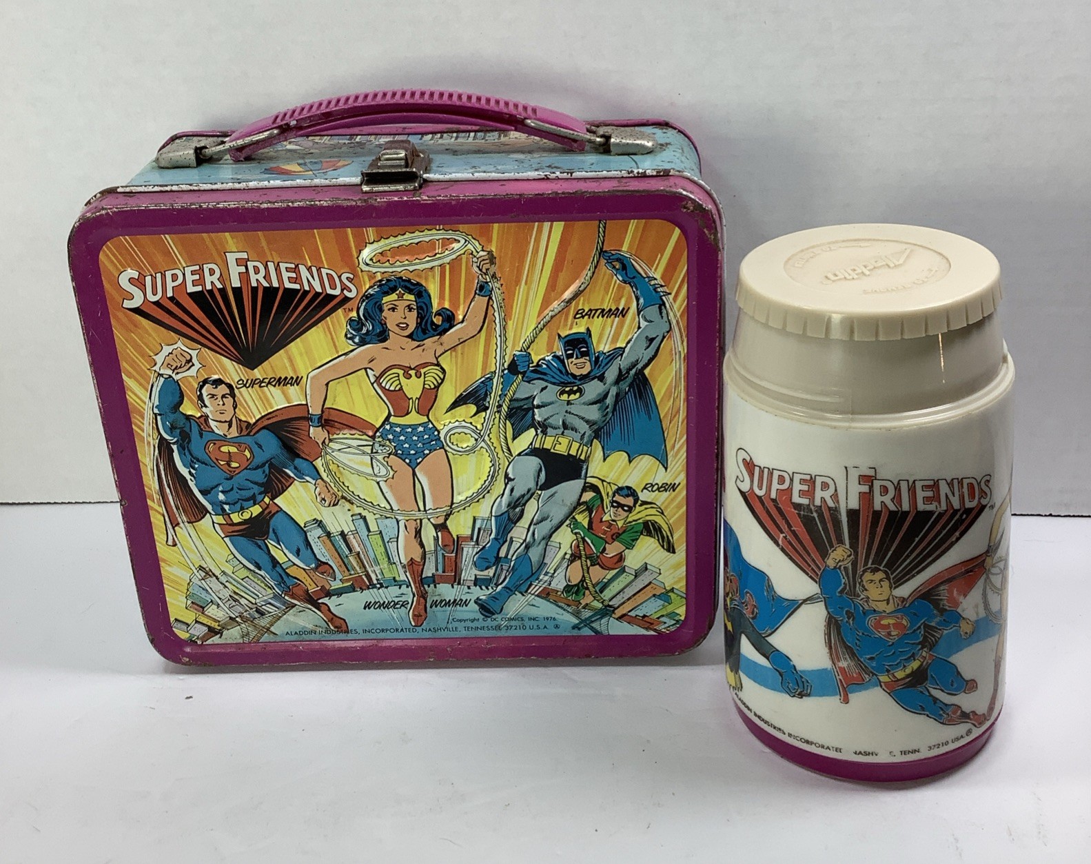 Vintage 1976 Aladdin Industries Super Friends DC Comics Metal Lunchbox Thermos