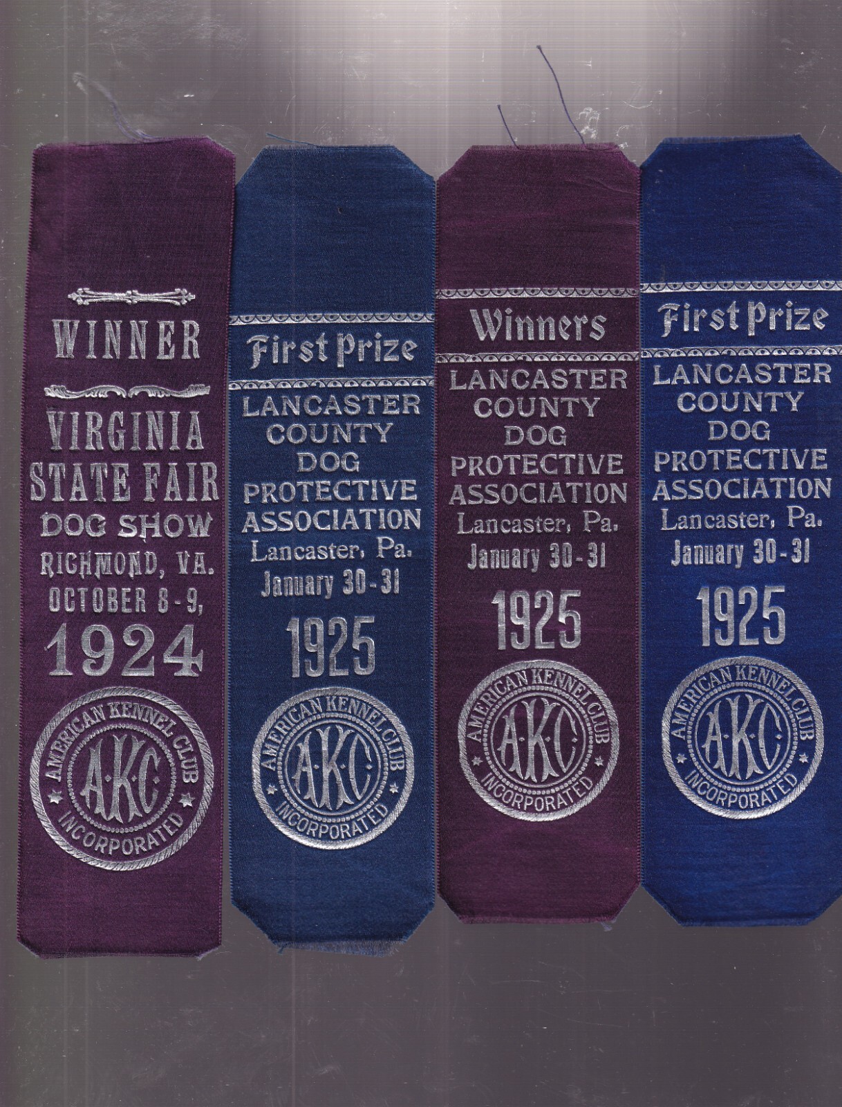 (4) Dog Show Ribbons AMERICAN KENNEL CLUB (1924-25) PA & VA