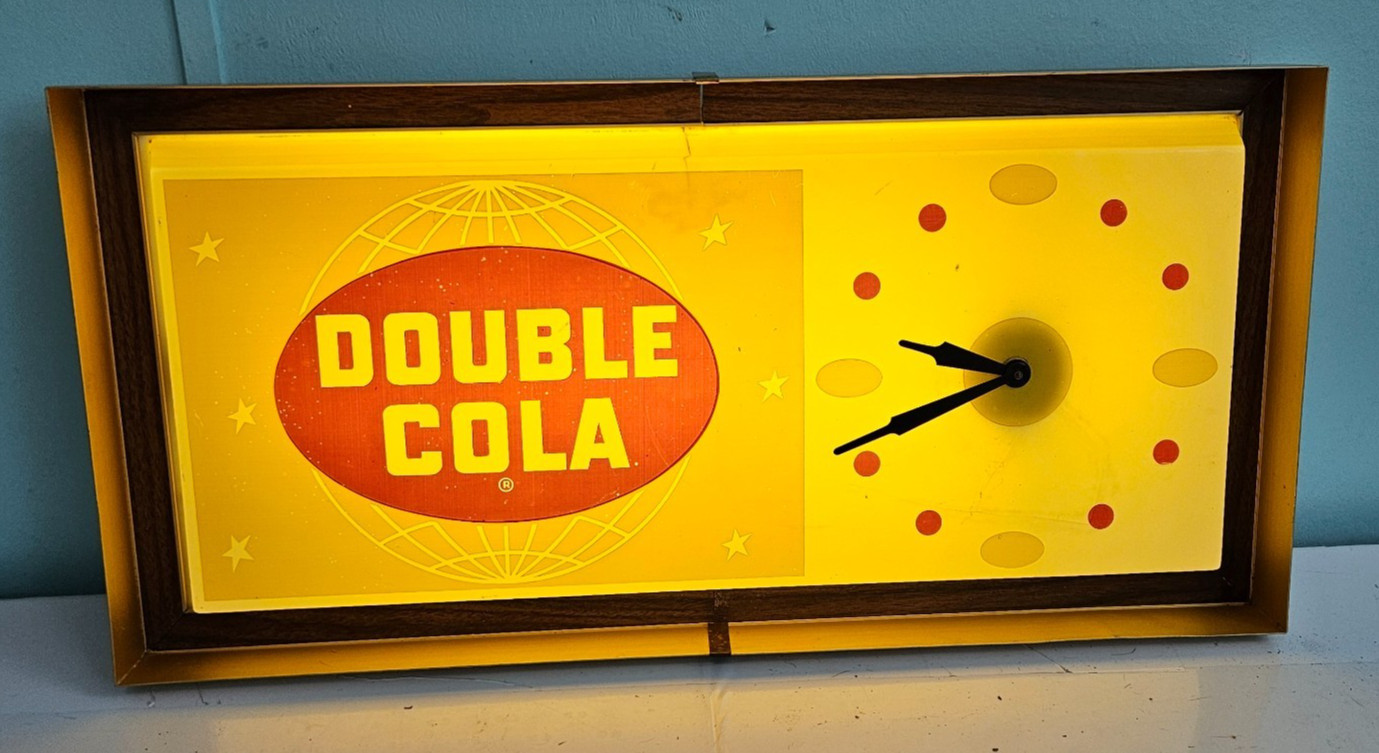 Vtg 50s Double Cola Lighted Sign Electric Clock Advertising Soda Pop FLAWS READ