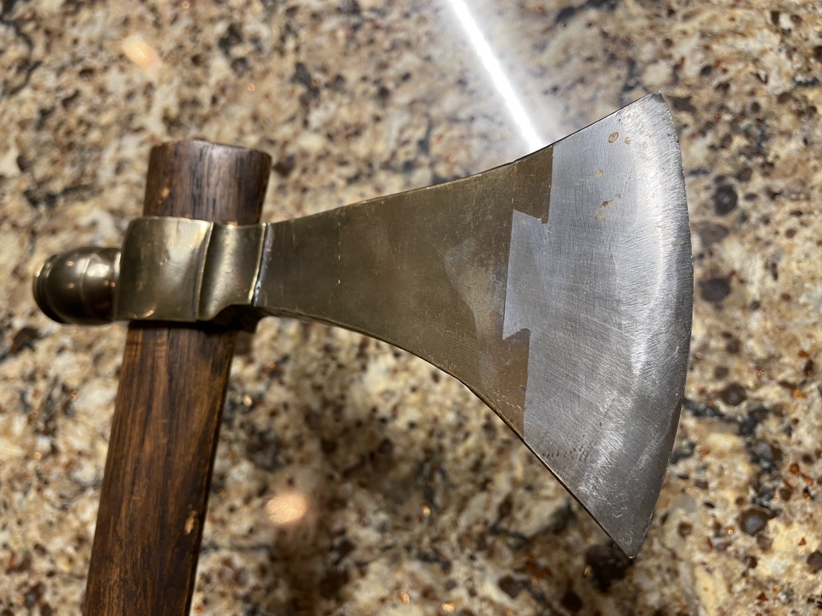 RARE & COMPLETE BRONZE PIPE “smoke” TOMAHAWK WITH DOVETAILED STEEL BIT 