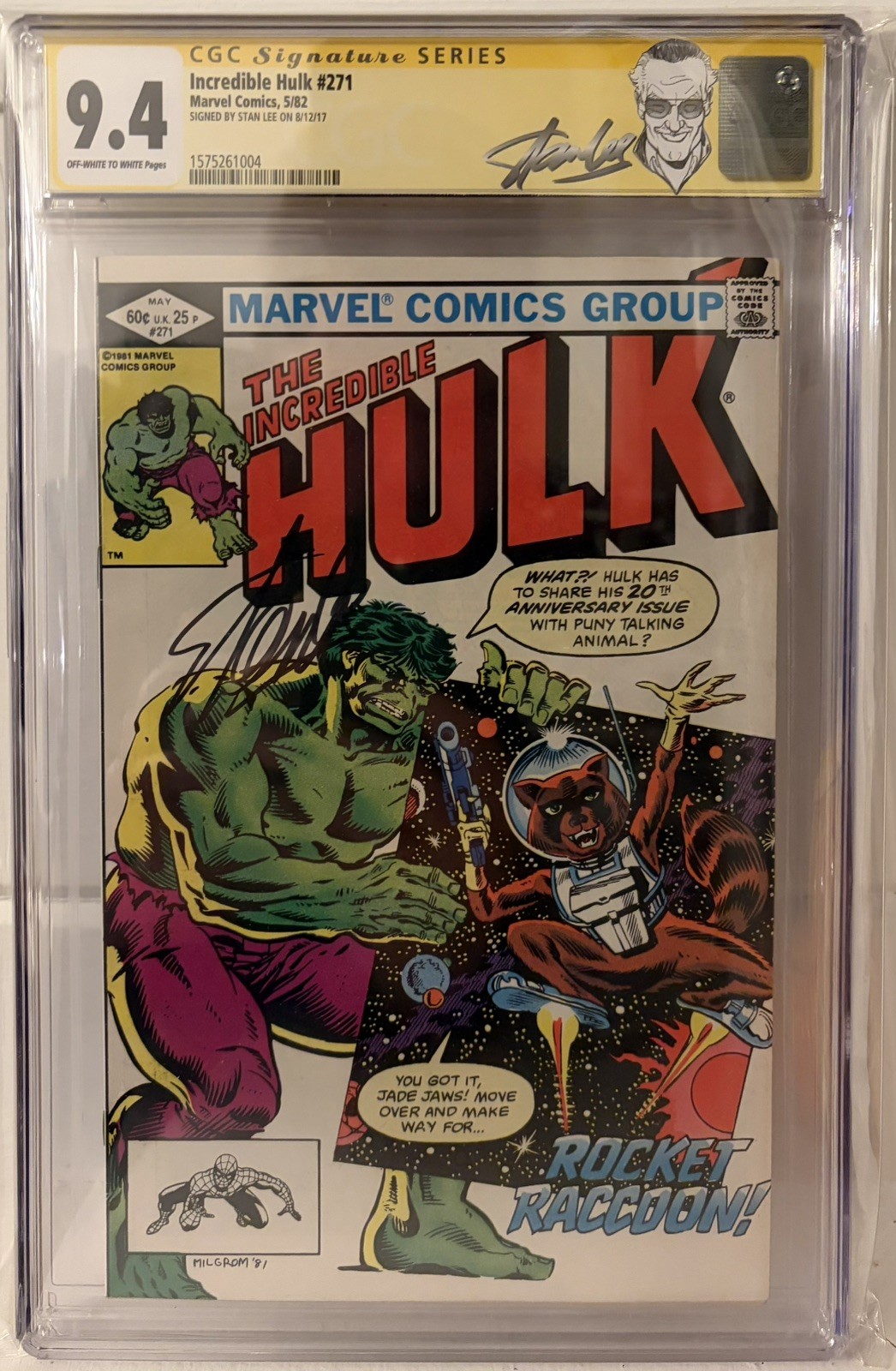 The Incredible Hulk #271 CGC 9.4 1st Rocket Raccoon Signed by Stan Lee 1982 Auto