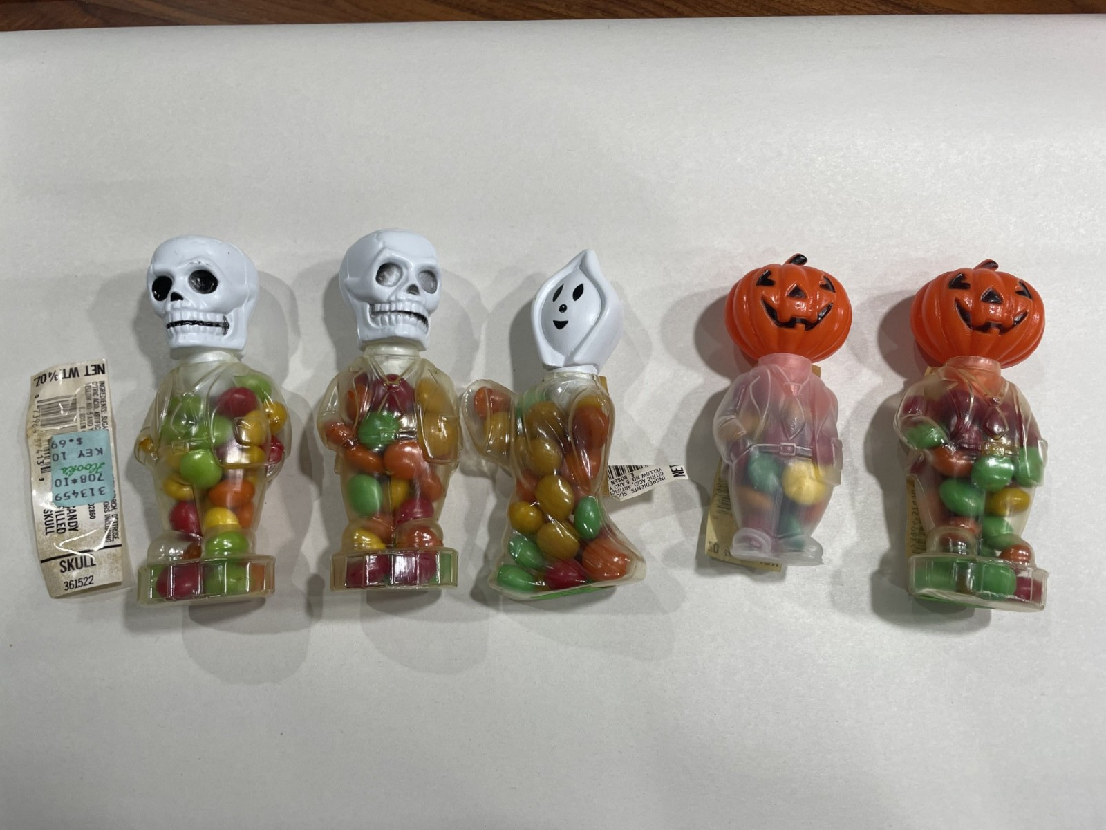 Lot (5) Vintage E Rosen Halloween Plastic Ghost Skeleton Pumpkin Candy Container