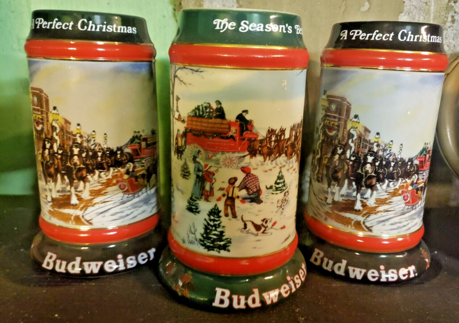 2x 1992 & 1x 1991 Budweiser A Perfect Christmas Holiday Beer Stein Series