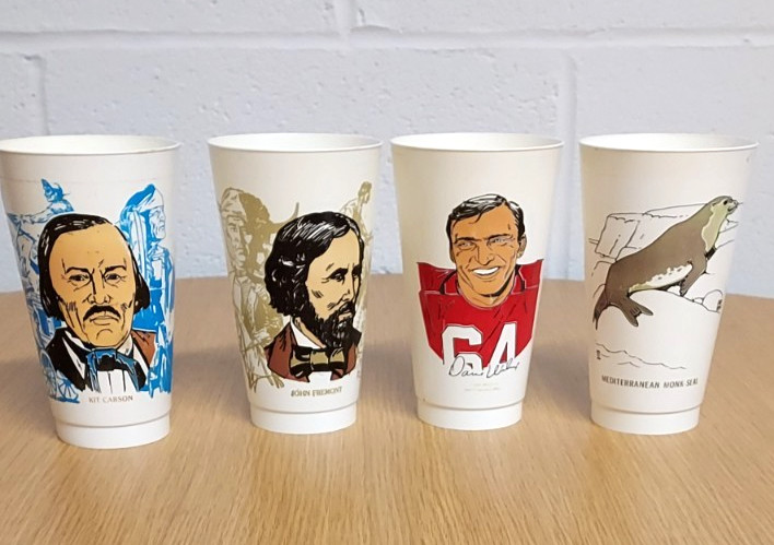 4 Vintage 1970s 7/11 Slurpee Cup MonkSeal, Kit Carson, John Fremont, Dave Wilcox