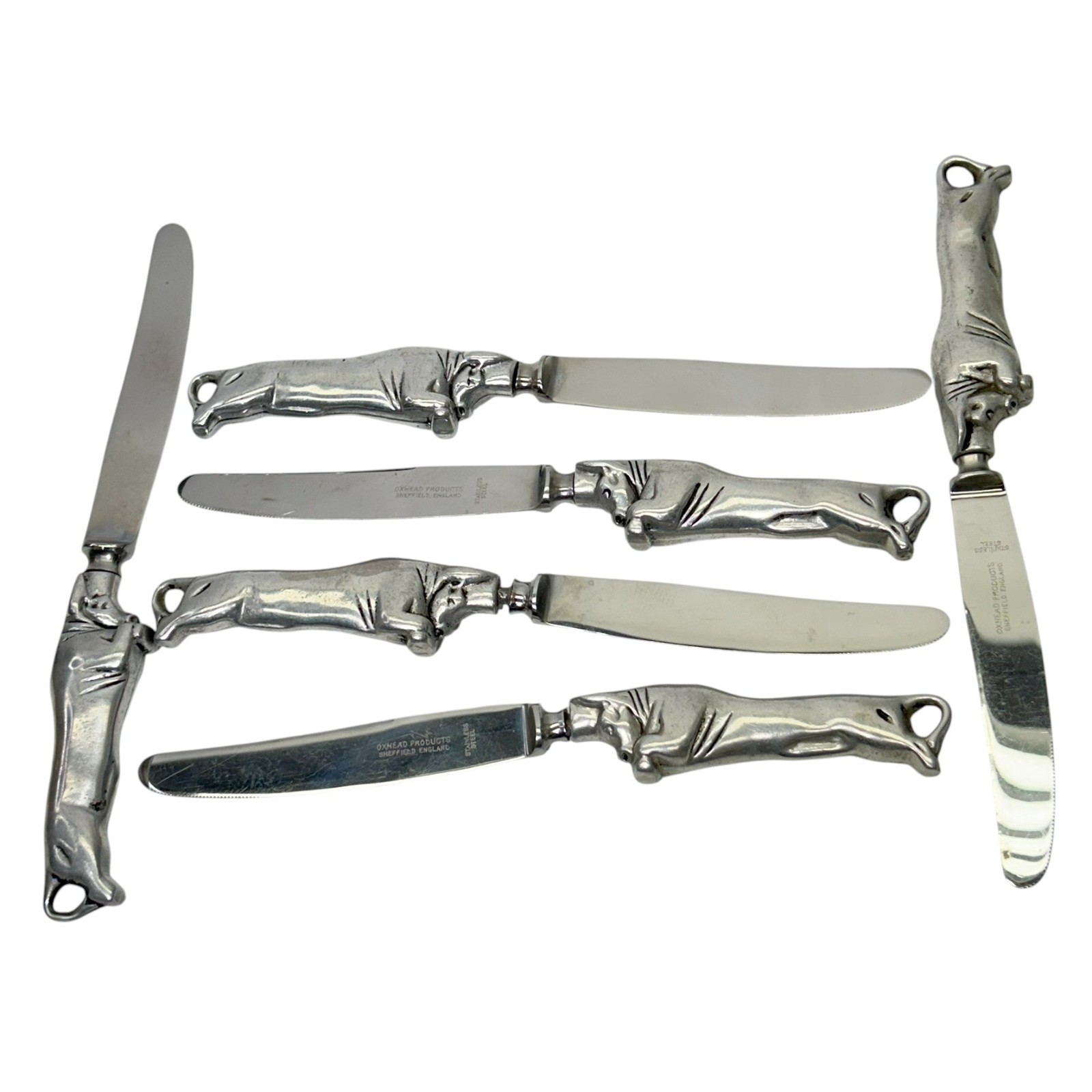 Set of 6 Oxhead Sheffield Stainless Bull Steer Cow Carving Steak Knives Pewter
