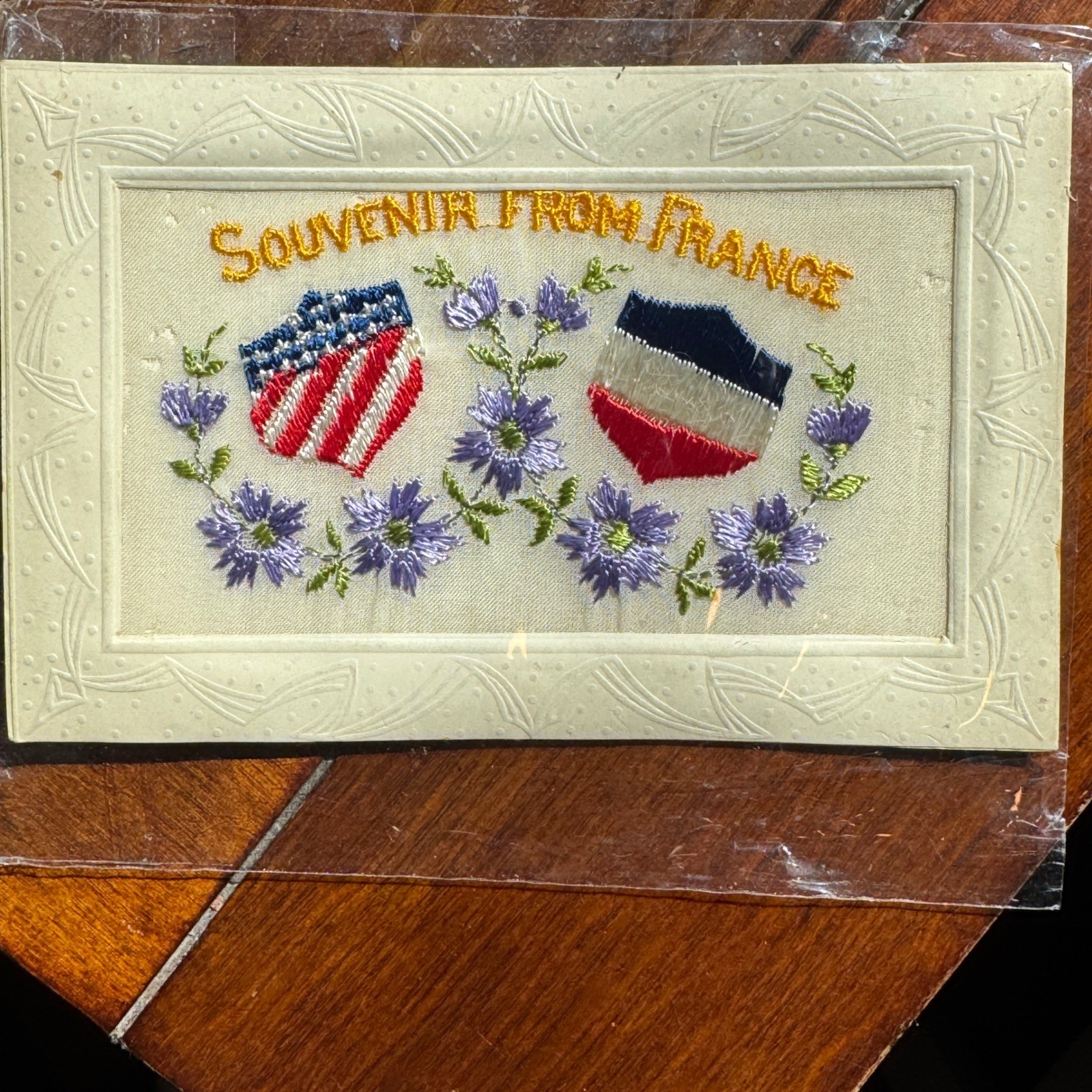 Vintage WWI Postcard Embroidered Silk Souvenir From France US French Flags