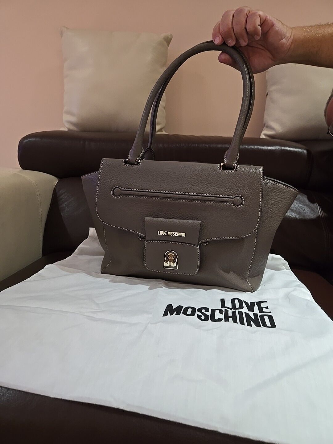 Love Moschino Gray Shoulder Bag Tote Large Gray with duster Red Lining Very Nice
