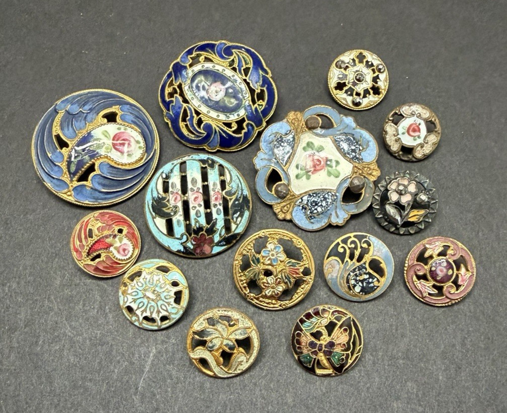 Antique Vintage Lot of 14 Pierced Enamel Buttons - 1/2