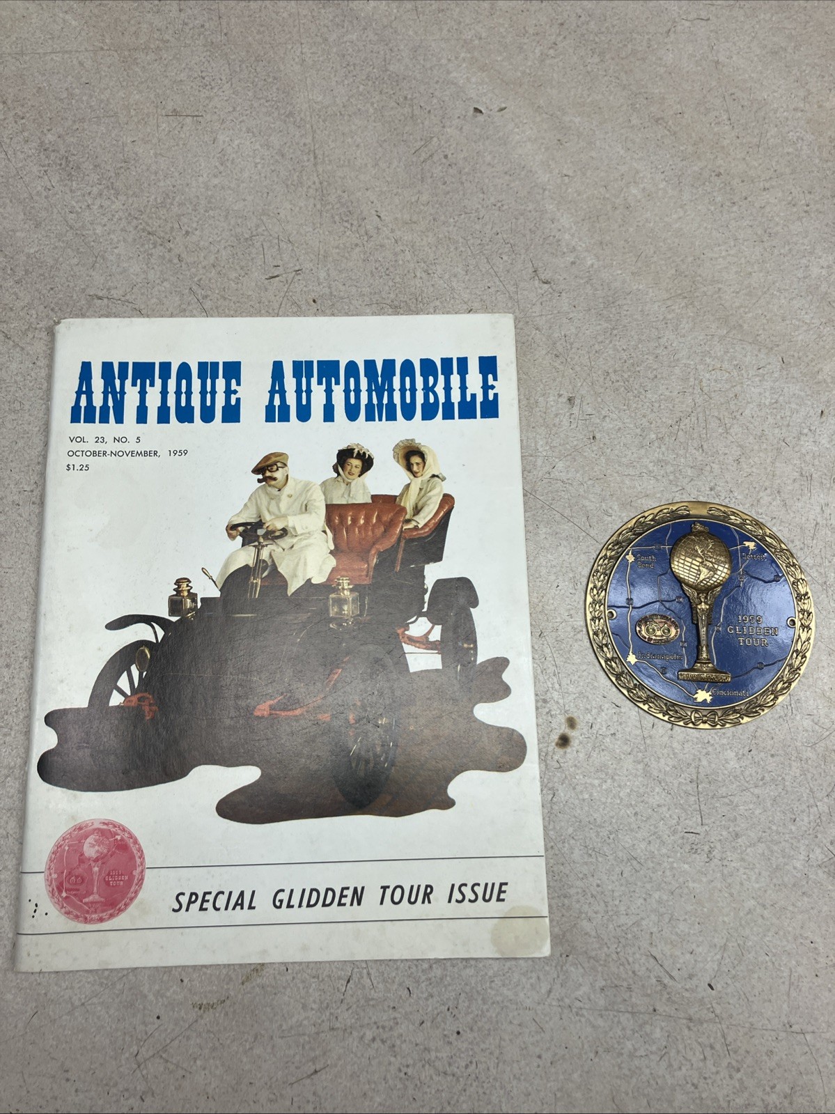 Antique Automobile 1959 Glidden Tour Badge Plaque With Matching 1959 Magazine