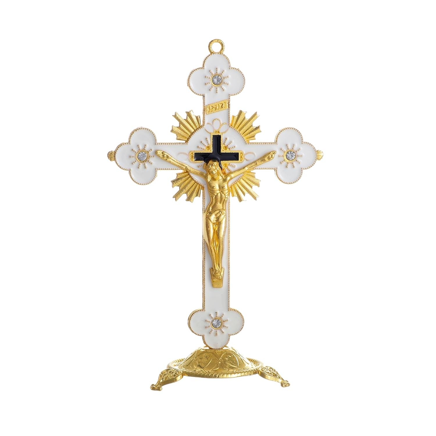 White Gold Metal Catholic Standing Jesus Cross 5 Inch White Metal Crucifix