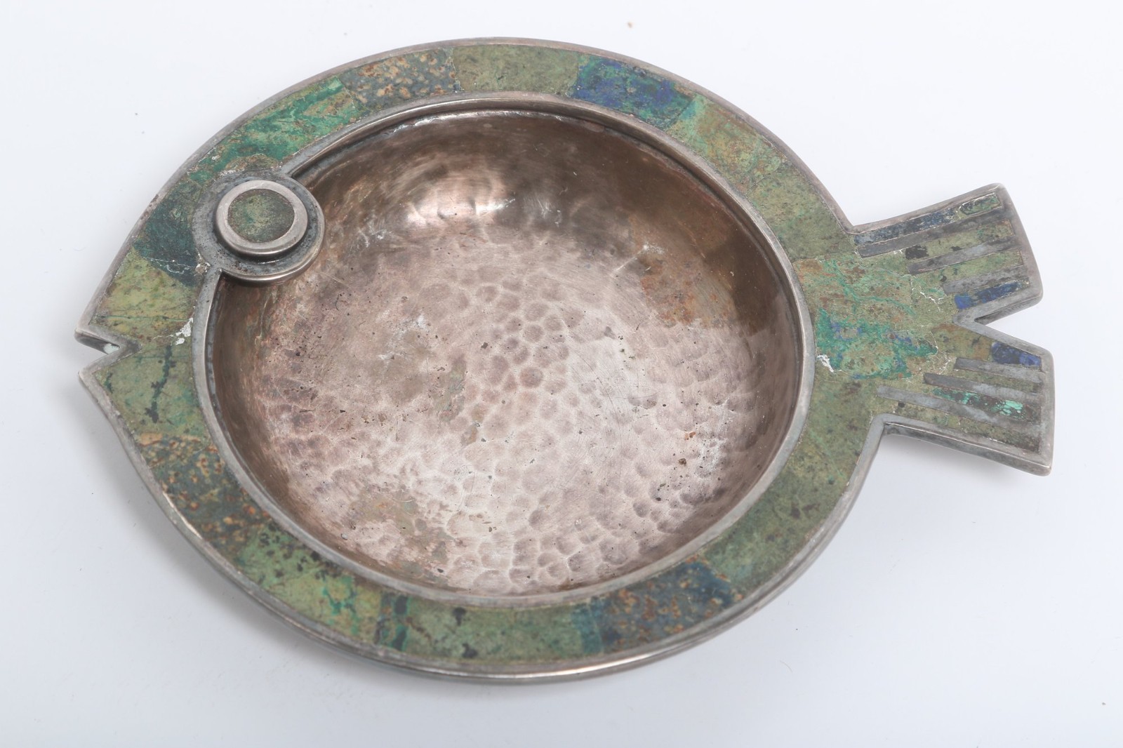 Los Castillo Taxco Mexico Mixed Metal Stone Inlay Fish Dish Ashtray MCM 481