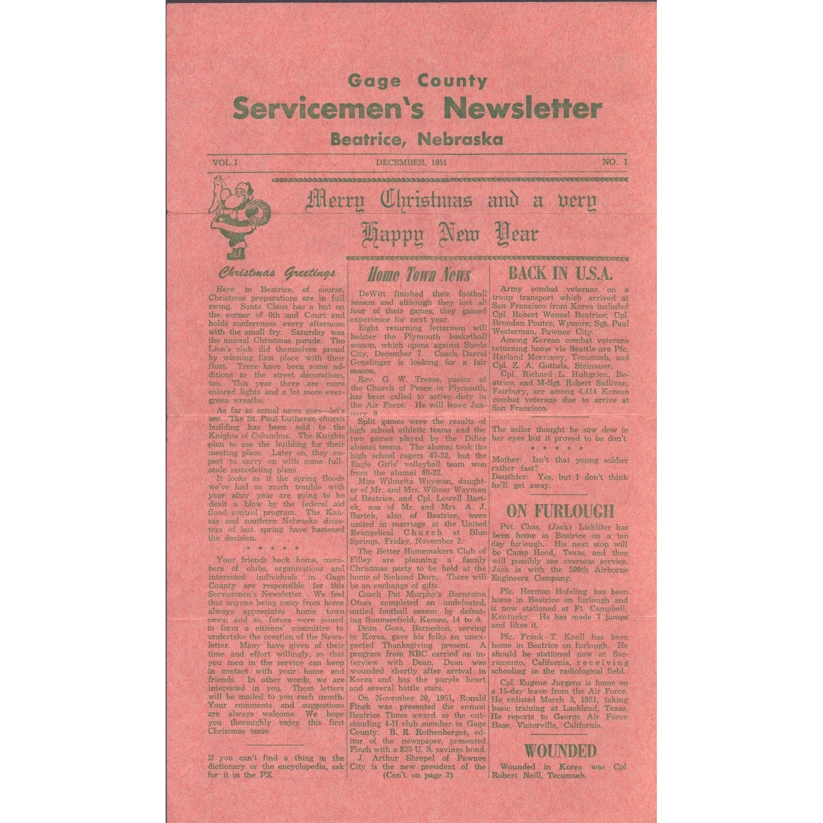 Vintage 1951 Newsletter Beatrice Nebraska Gage County Korean War Vol 1 No 1
