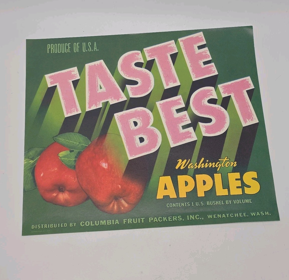 Columbia Fruit Packers Taste Best Washington Apples unused crate label Wenatchee