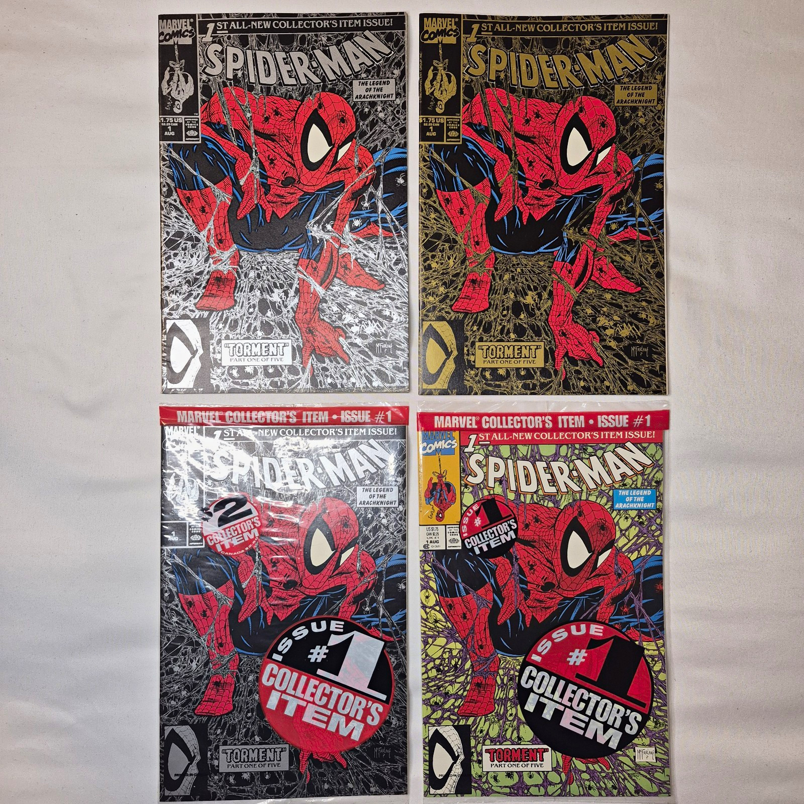 Spider-Man #1 Lot Gold Silver + Sealed Bagged Silver & Color McFarlane 1990