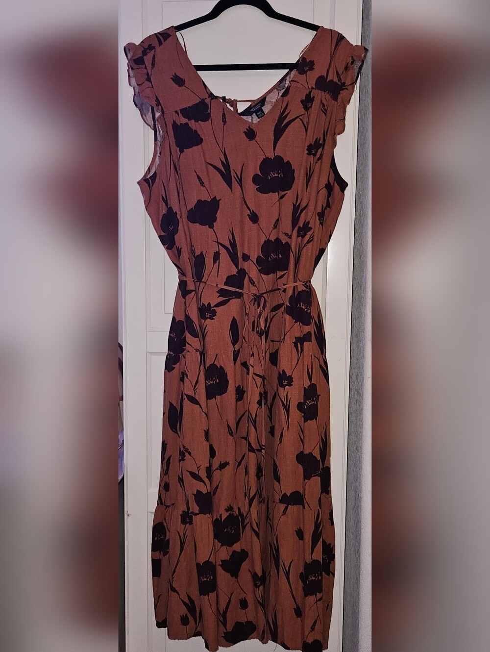 Simply Vera Vera Wang Women\'s Rust Floral Sleeveless Midi Dress Tie Waist XXL