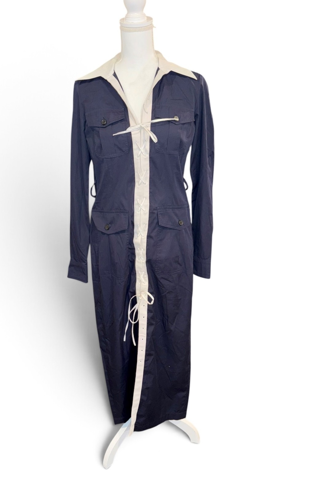 Dries Van Noten Navy & White Cotton Shirt Dress, Size 36/Small