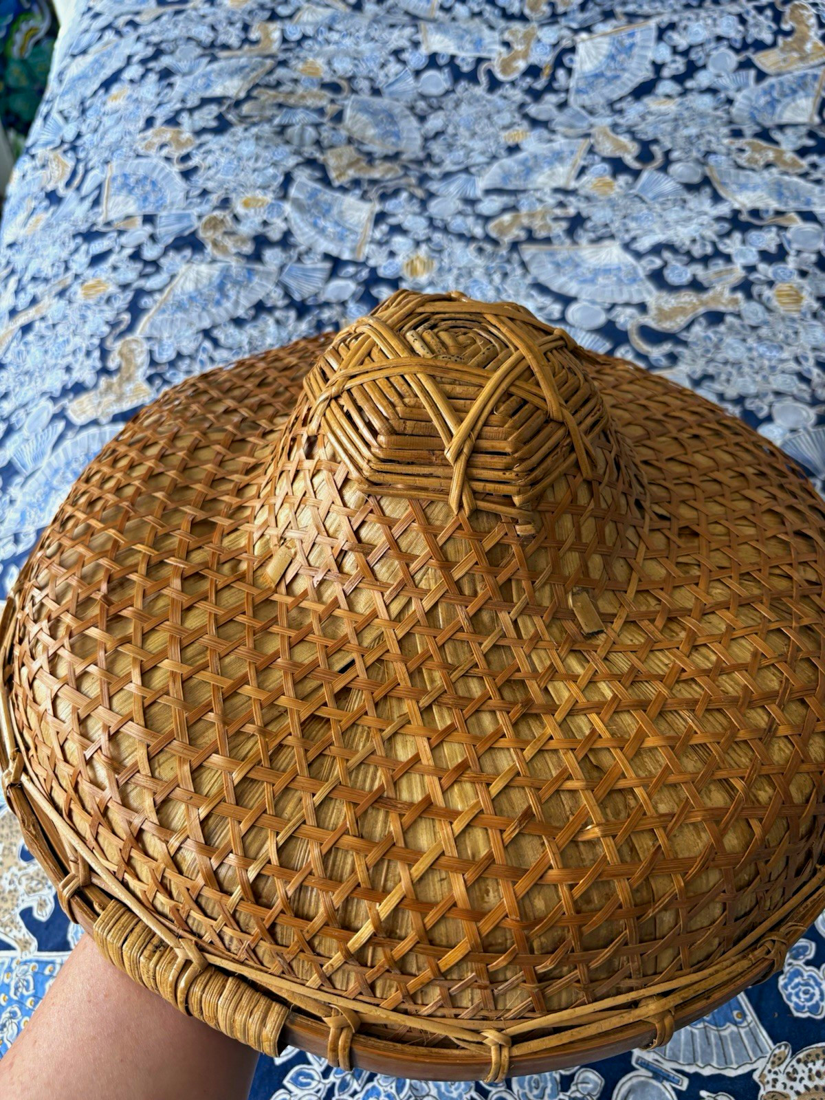 Vintage 1970s Woven Bamboo Round Rice Paddie Sun Hat