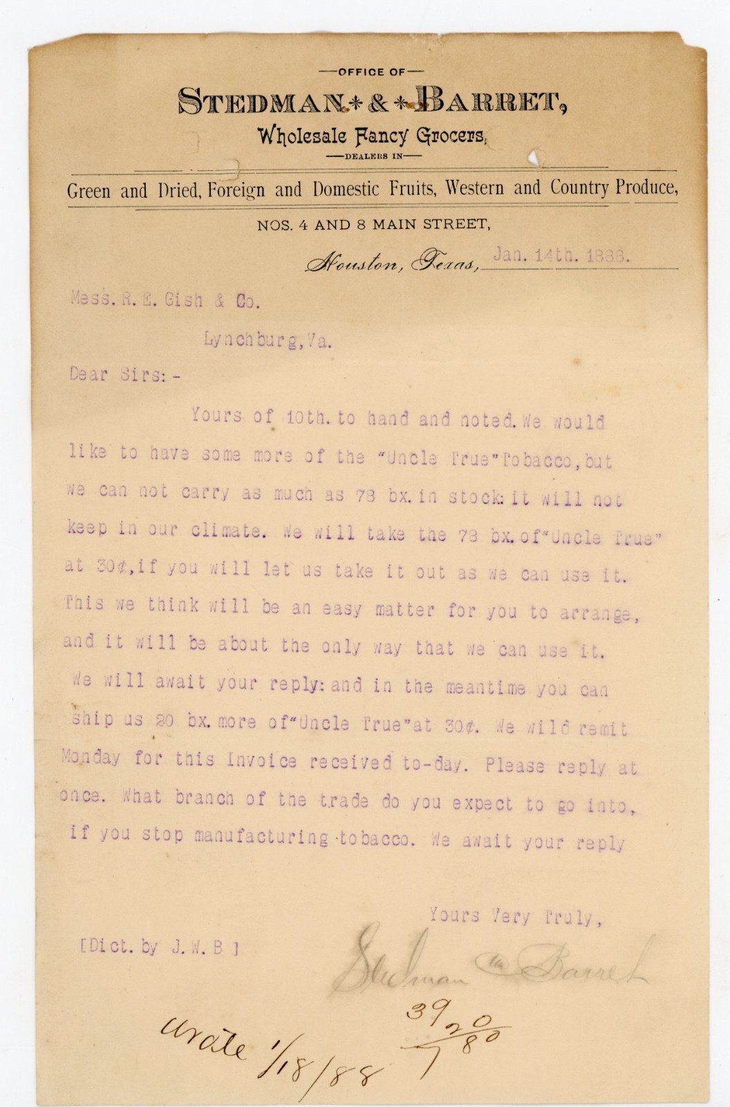 1888 Houston Texas Stedman & Barret Wholesale Grocers Letter Uncle True Tobacco