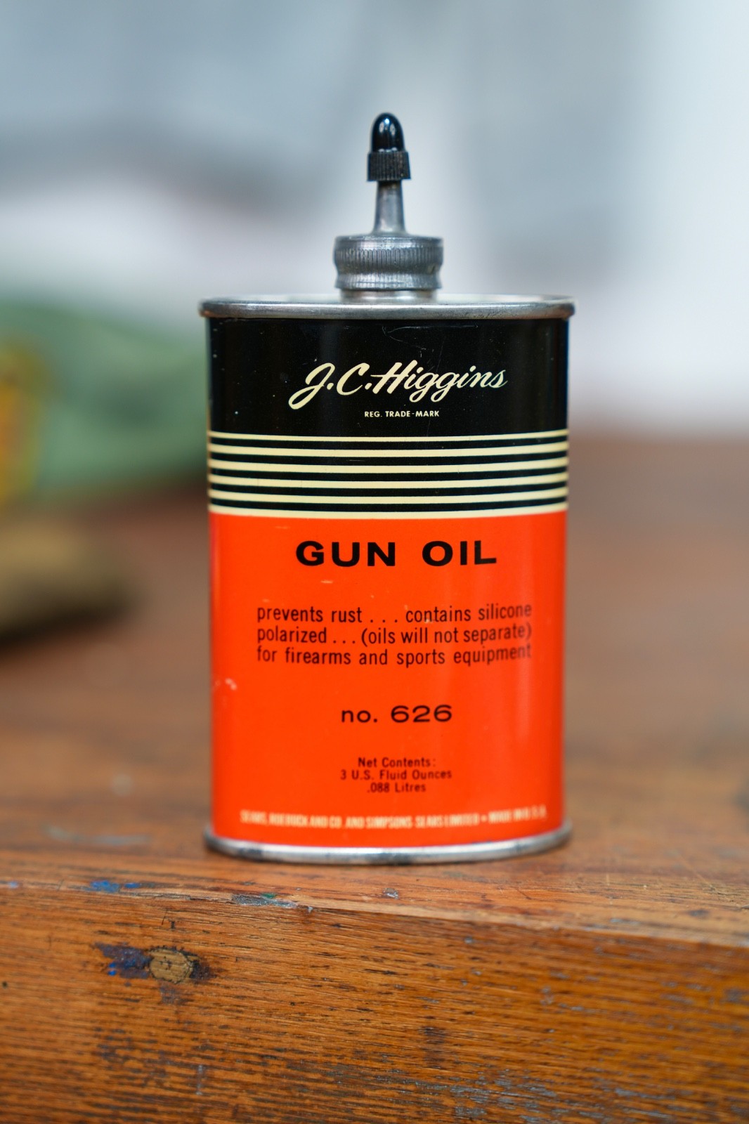 Vintage J.C. Higgins Gun Oil Lead Top Litho 3 Oz Tin Can Advertising handy Oiler