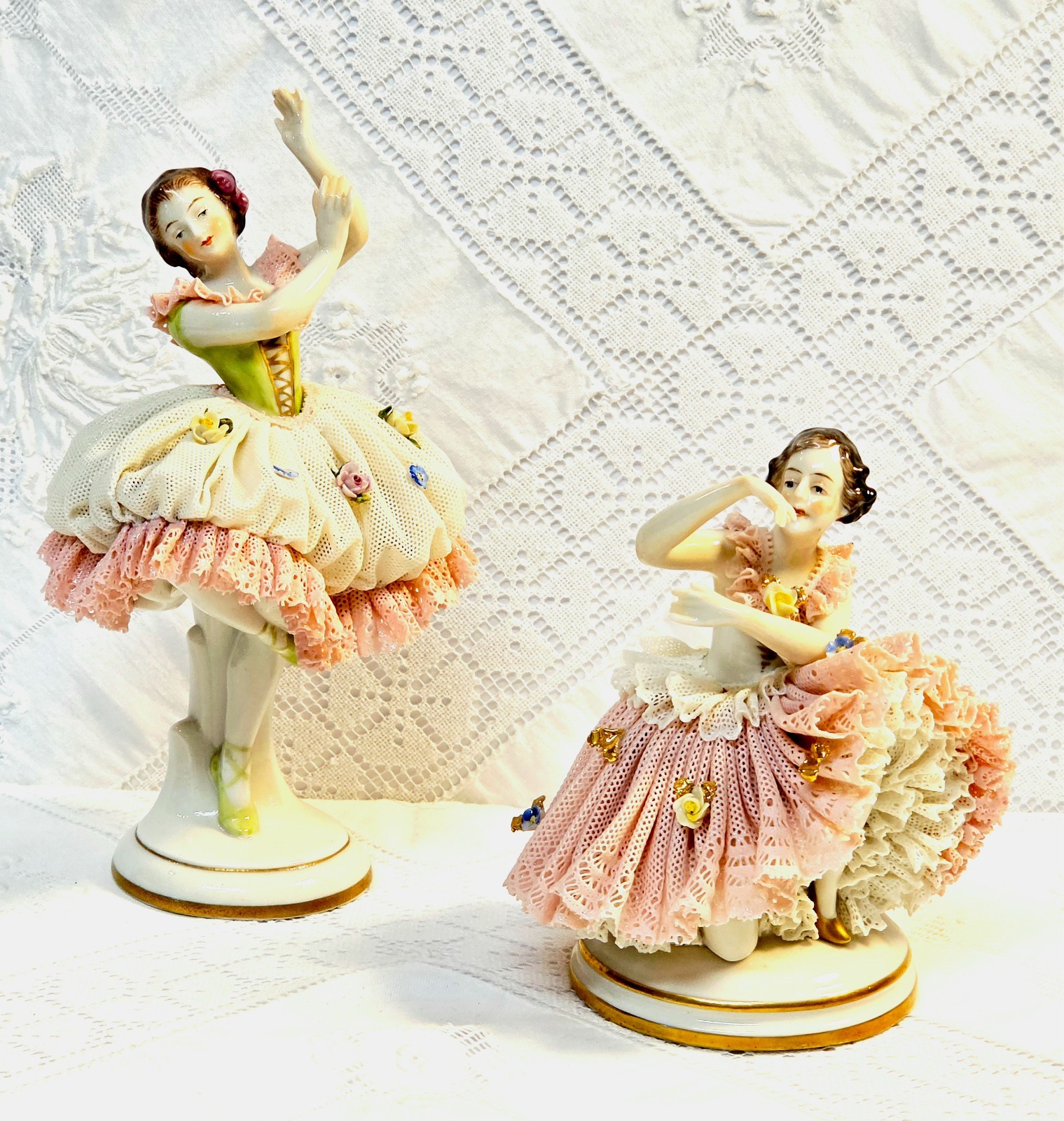 #8 Figurines a Pair of Antique German Dresden Lace Ballerinas 7