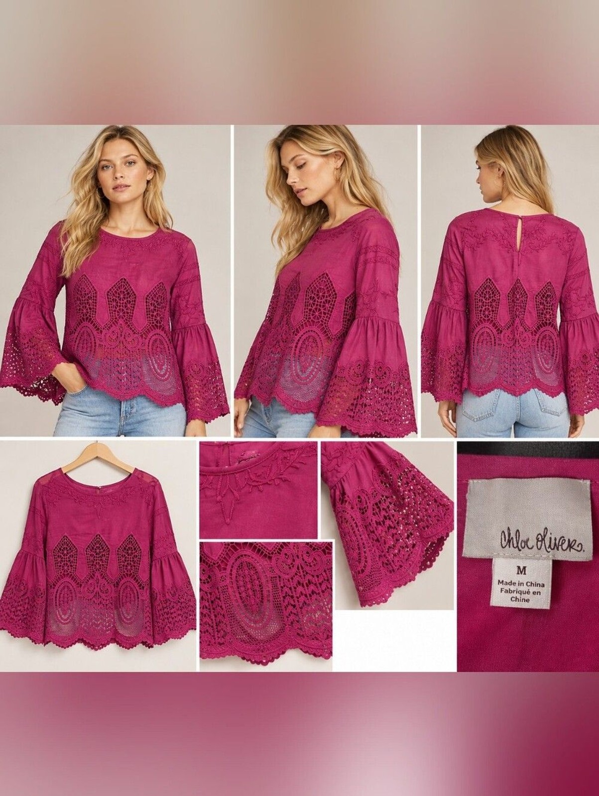 Anthropologie Chloe Oliver Lace Bell-Sleeve Blouse in Magenta