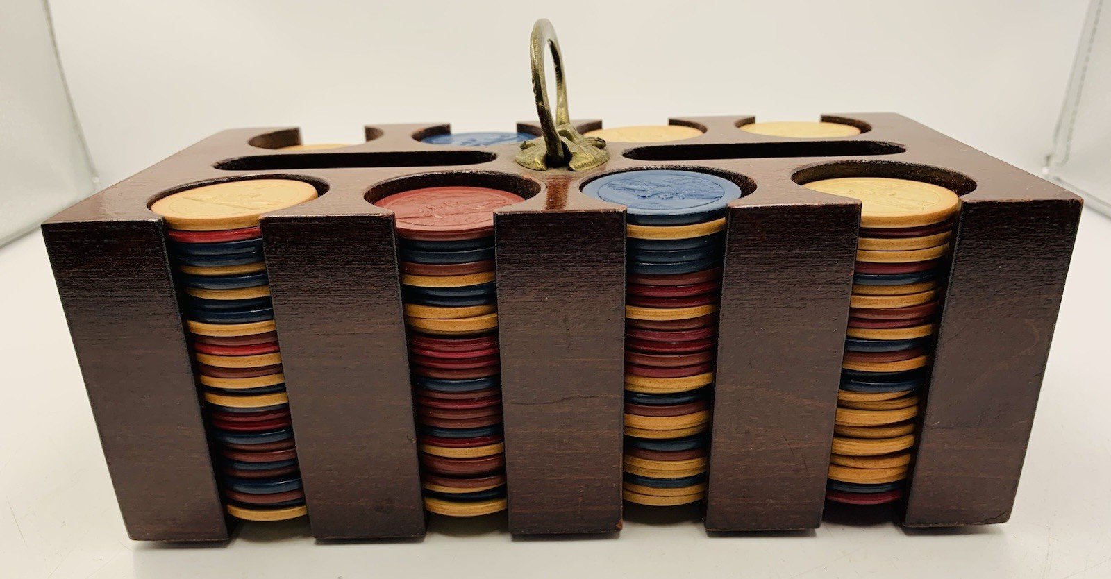 Vintage 1930s Clay Poker Chips( 225 Total) Red/White/Blue /Holder