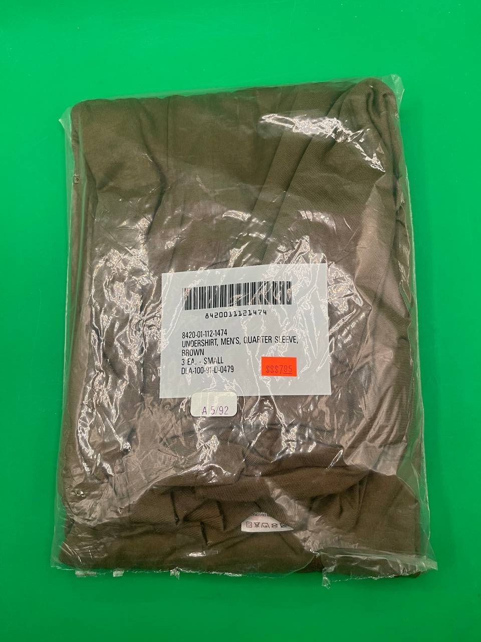 Vintage 1992 Brown Military Men\'s Undershirt - Quarter Sleeve Size S  NEW - MT5