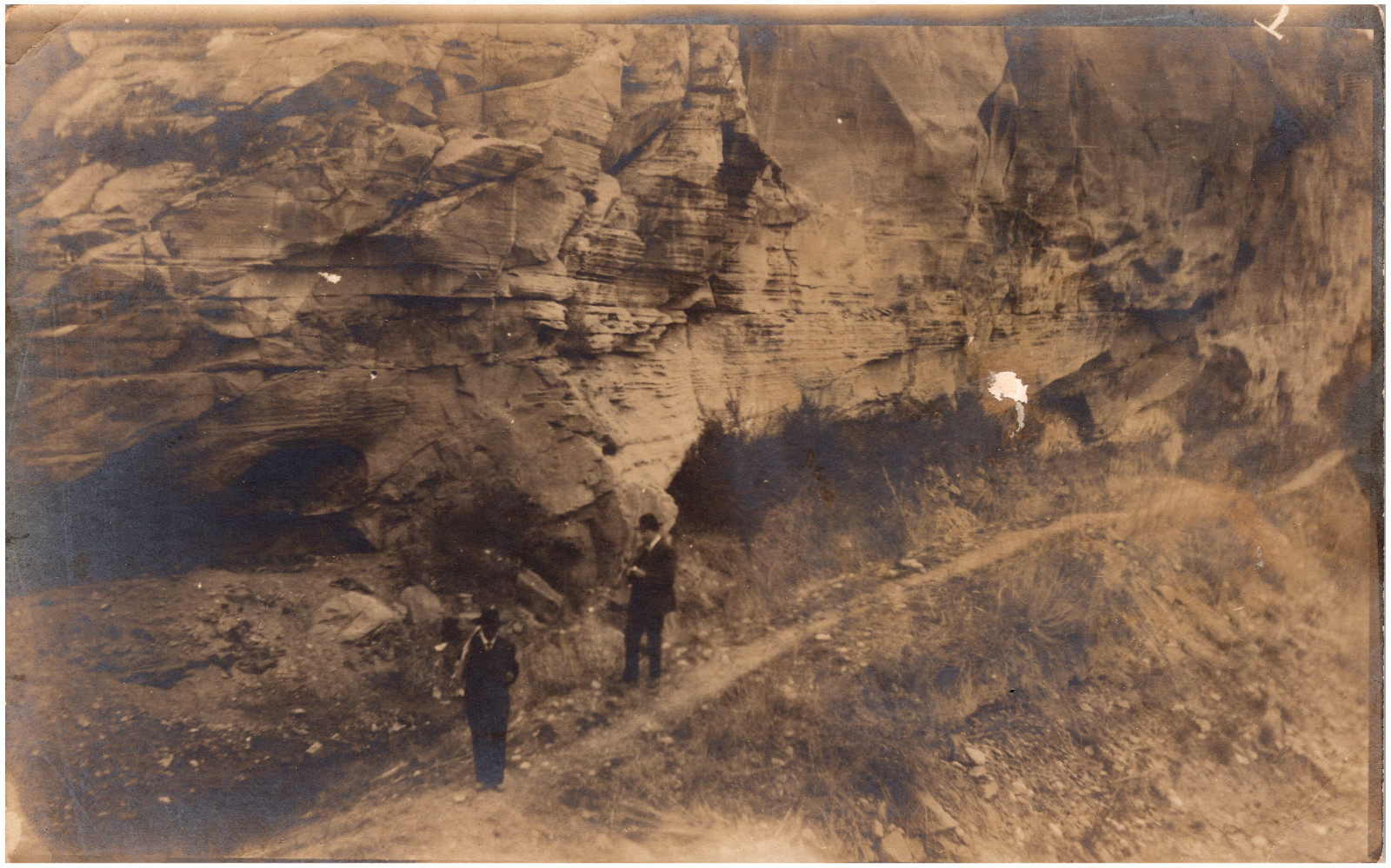 Men Walking by Rock Quarry Wall, Possibly in Washington? 1910s RPPC Postcard