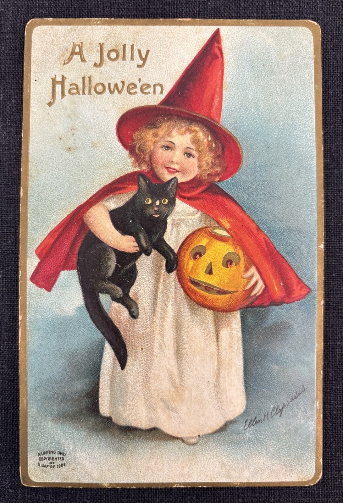 Vintage Jolly Halloween Postcard Clapsaddle Witch Black Cat International Art