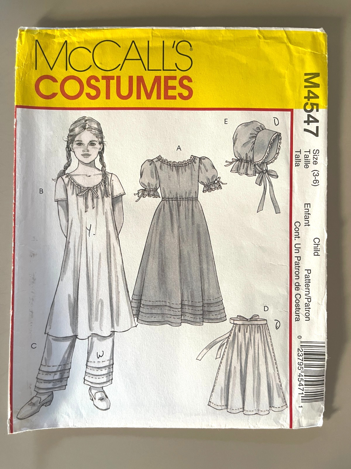 McCall\'s Children\'s Early American Costume Pattern M4547 Size 3-6 UNCUT