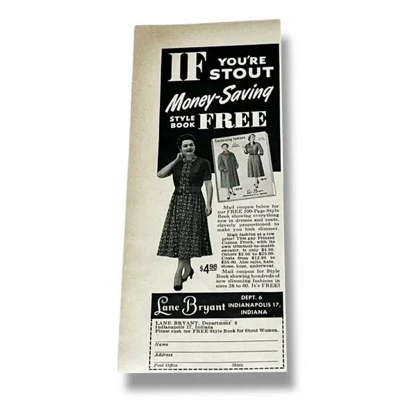 1950s Lane Bryant If Youre Stout Indianapolis Indiana Original Vintage Print Ad
