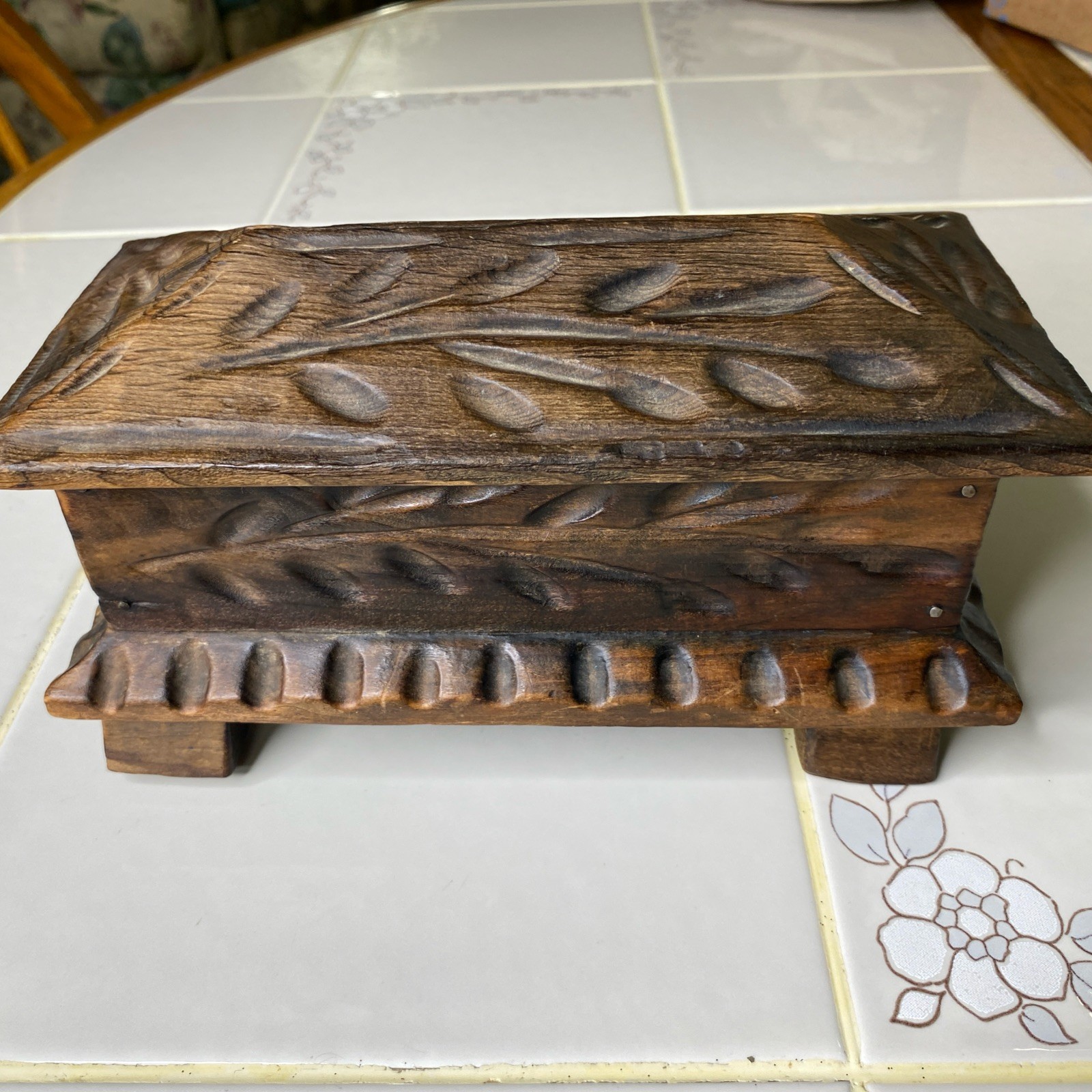 Artisan Vintage Hand Carved Spanish Folk Art Box Hand Crafted Leaf Design 8.5”