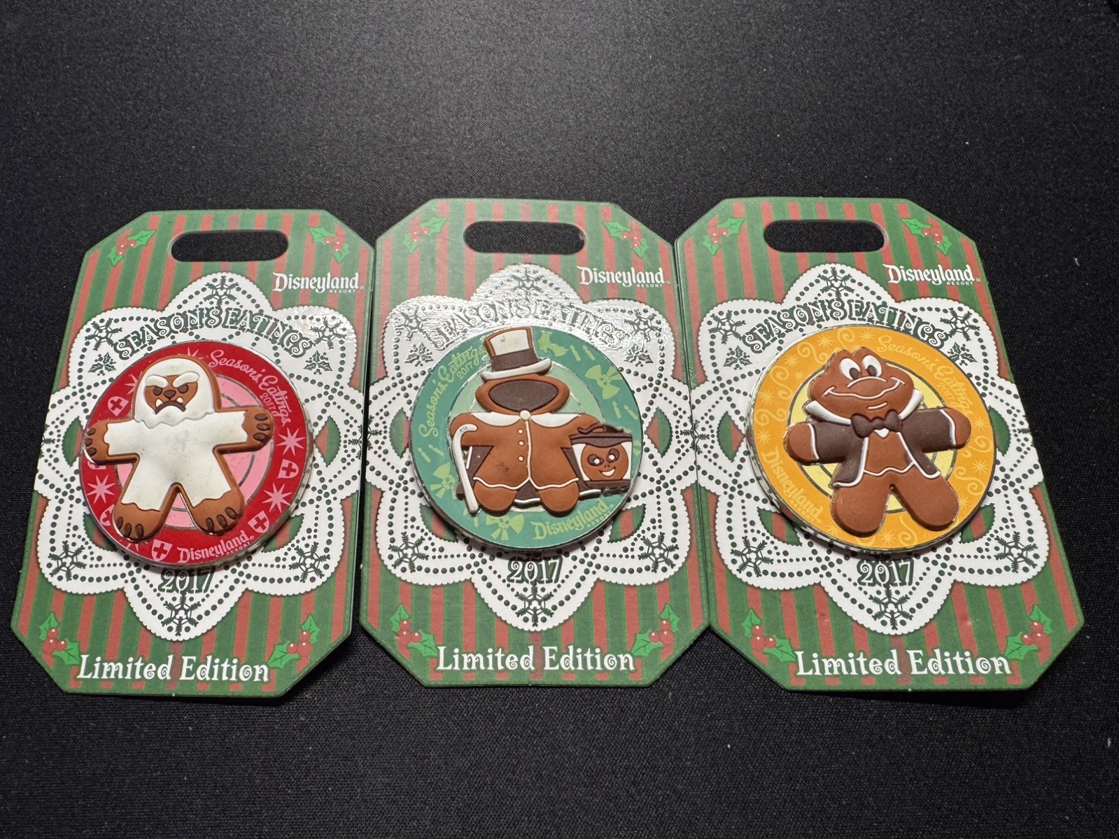 DLR Season\'s Eatings 2017 Gingerbread Pin Set Of 3 Yeti Hatbox Ghost Mr Toad