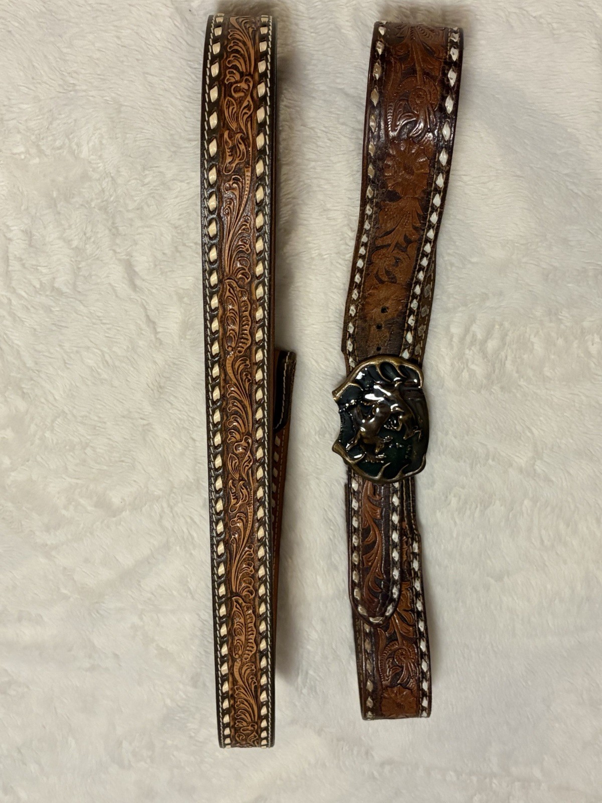 Lot of 2 Vintage Western Cowboy Leather Belts Size 44 1977 Bergamot Buckle