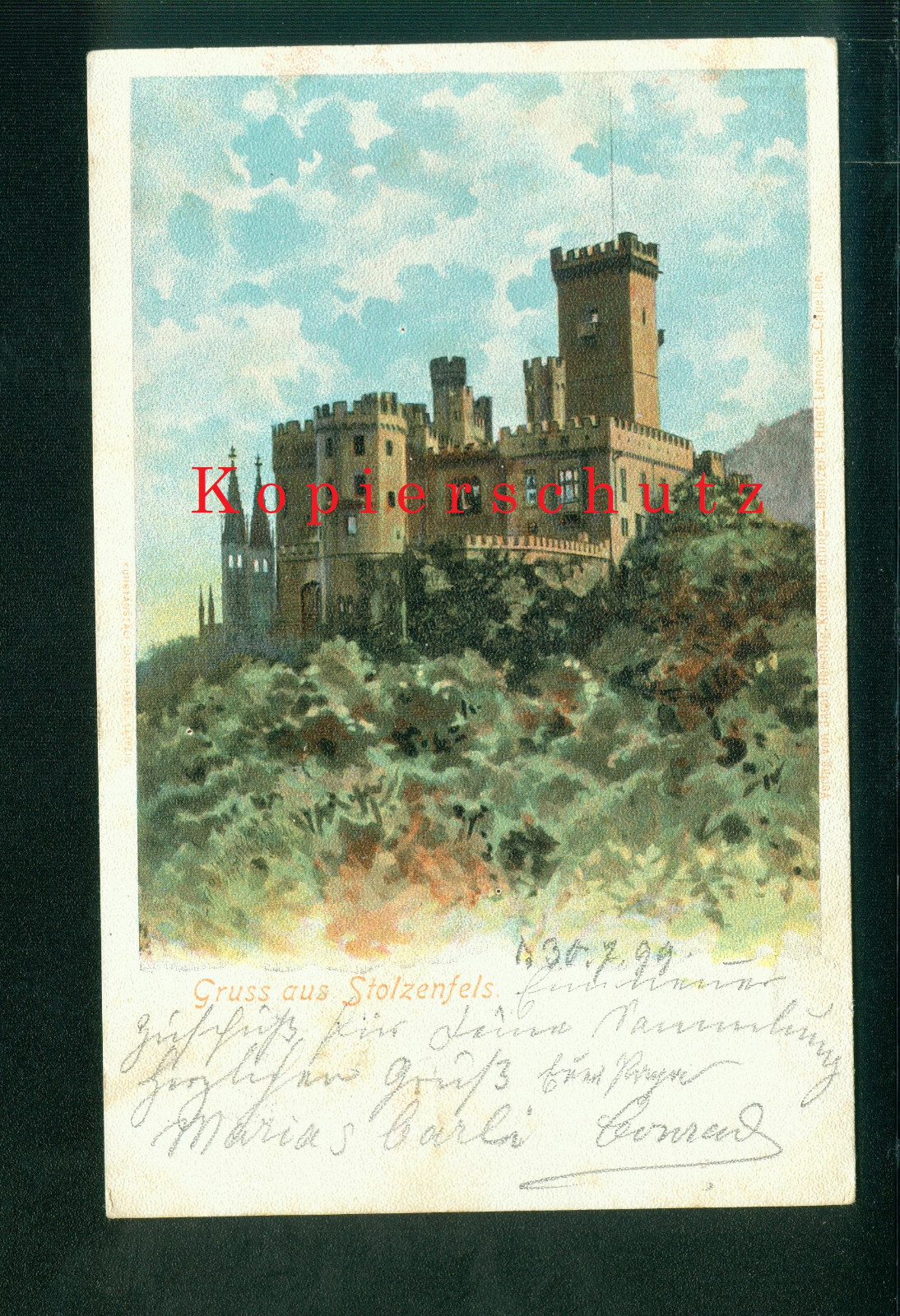 Postcard Castle Stolzenfels, Koblenz, railway post 1899 used after winning